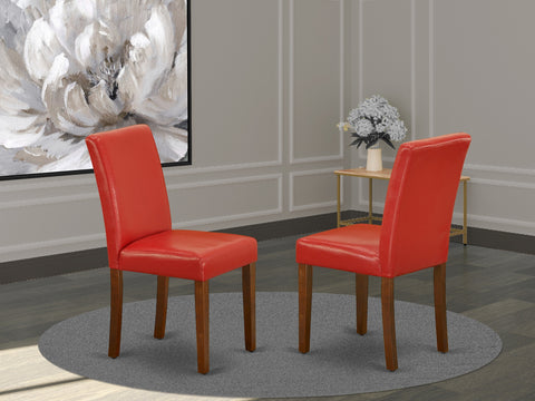 East West Furniture ABP3T72 Abbott Parsons Dining Chairs - Firebrick Red Faux Leather Padded Chairs, Set of 2, Mahogany