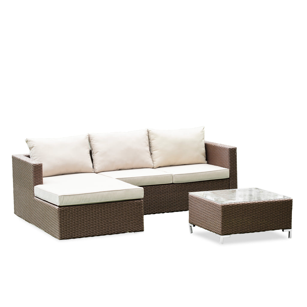 East West Furniture ACL3S02A 3 Piece Patio Conversation Set - Outdoor Sectional Sofa Set Contains a Rectangle Glass Top Wicker Coffee Table and Linen Fabric Cushion , 63x87 Inch, Brown