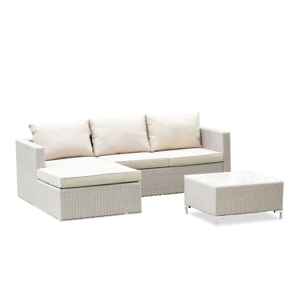 East West Furniture ACL3S03A 3 Piece Patio Furniture Set - Outdoor Sectional Sofa Set Contains a Rectangle Glass Top Bistro Wicker Tea Table and Linen Fabric Cushion , 63x87 Inch, Natural Linen