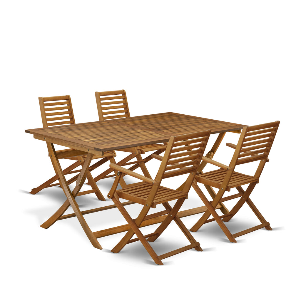 East West Furniture AEBS5CANA 5 Piece Patio Garden Table Set Includes a Rectangle Outdoor Acacia Wood Dining Table and 4 Folding Arm Chairs, 36x60 Inch, Natural Oil