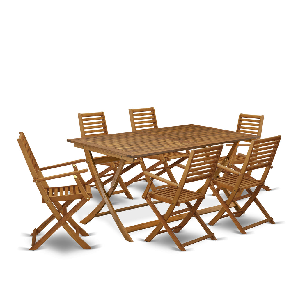 East West Furniture AEBS7CANA 7 Piece Patio Bistro Dining Furniture Set Consist of a Rectangle Outdoor Acacia Wood Table and 6 Folding Arm Chairs, 36x60 Inch, Natural Oil