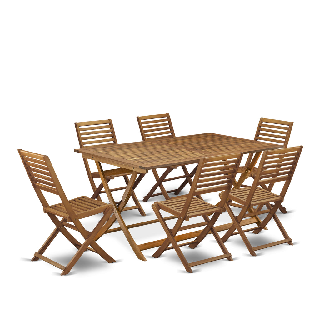 East West Furniture AEBS7CWNA 7 Piece Outdoor Patio Dining Sets Consist of a Rectangle Acacia Wood Table and 6 Folding Side Chairs, 36x60 Inch, Natural Oil