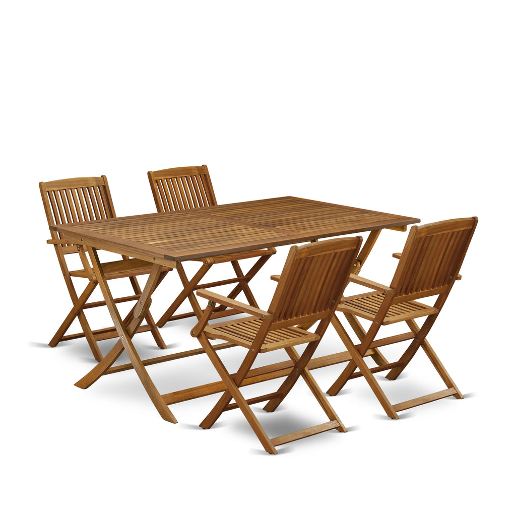 East West Furniture AECM5CANA 5 Piece Outdoor Patio Dining Sets Includes a Rectangle Acacia Wood Table and 4 Folding Arm Chairs, 36x60 Inch, Natural Oil