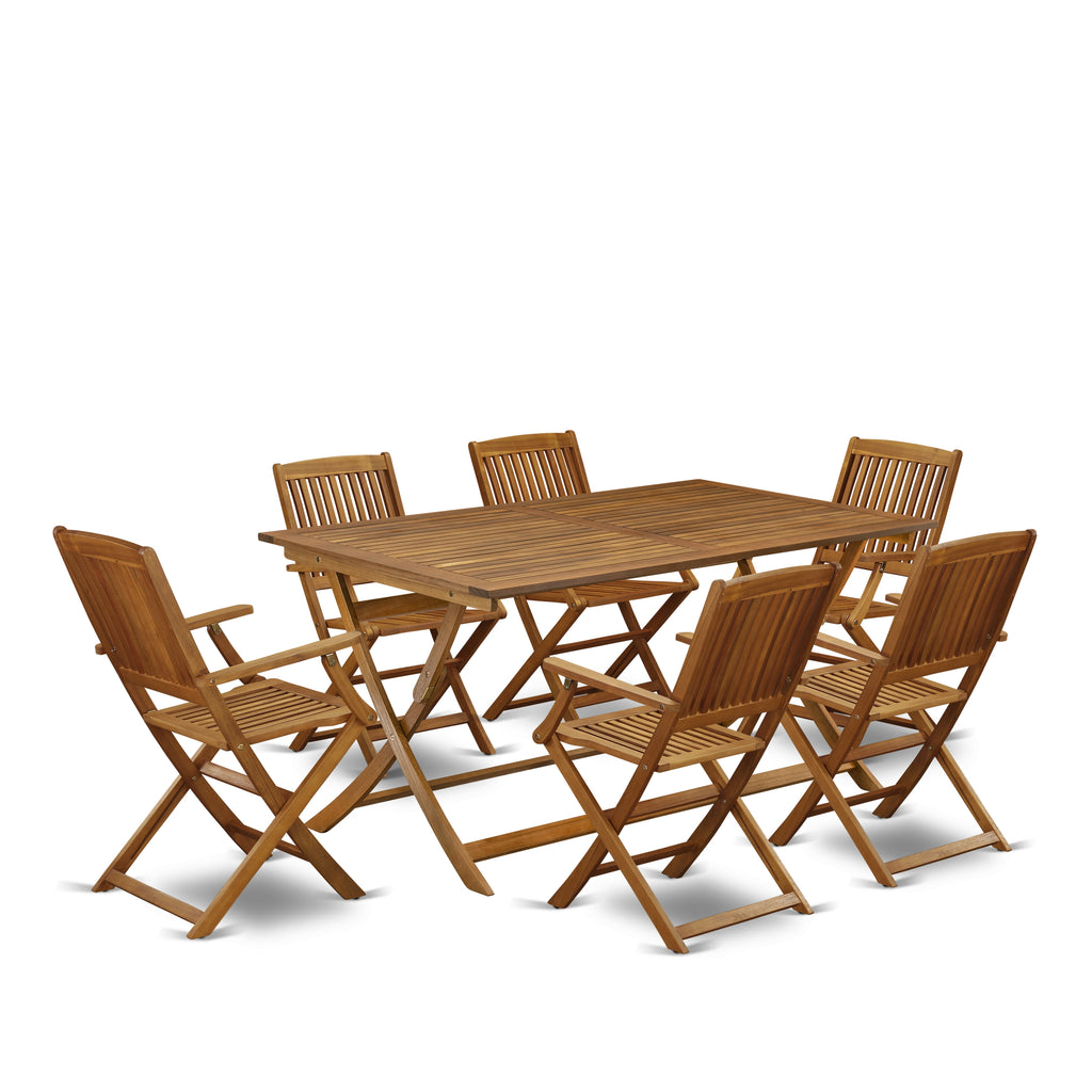 East West Furniture AECM7CANA 7 Piece Patio Bistro Dining Furniture Set Consist of a Rectangle Outdoor Acacia Wood Table and 6 Folding Arm Chairs, 36x60 Inch, Natural Oil
