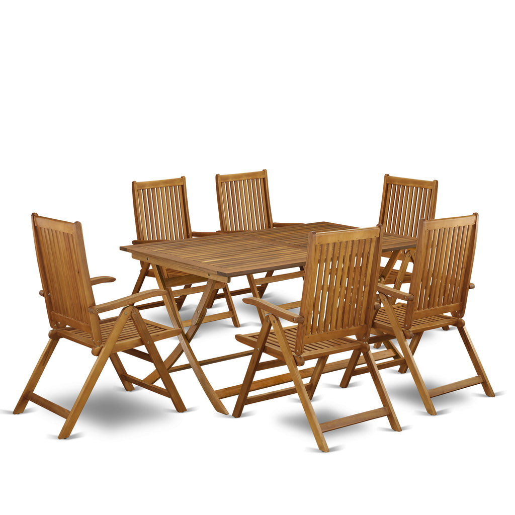 East West Furniture AECN7C5NA 7 Piece Outdoor Patio Dining Sets Consist of a Rectangle Acacia Wood Table and 6 Folding Adjustable Arm Chairs, 36x60 Inch, Natural Oil