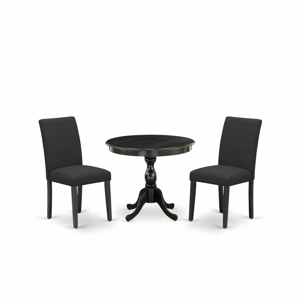 East West Furniture AMAB3-ABK-24 3 Piece Modern Dining Table Set Contains a Round Kitchen Table with Pedestal and 2 Black Color Linen Fabric Upholstered Chairs, 36x36 Inch, Wirebrushed Black