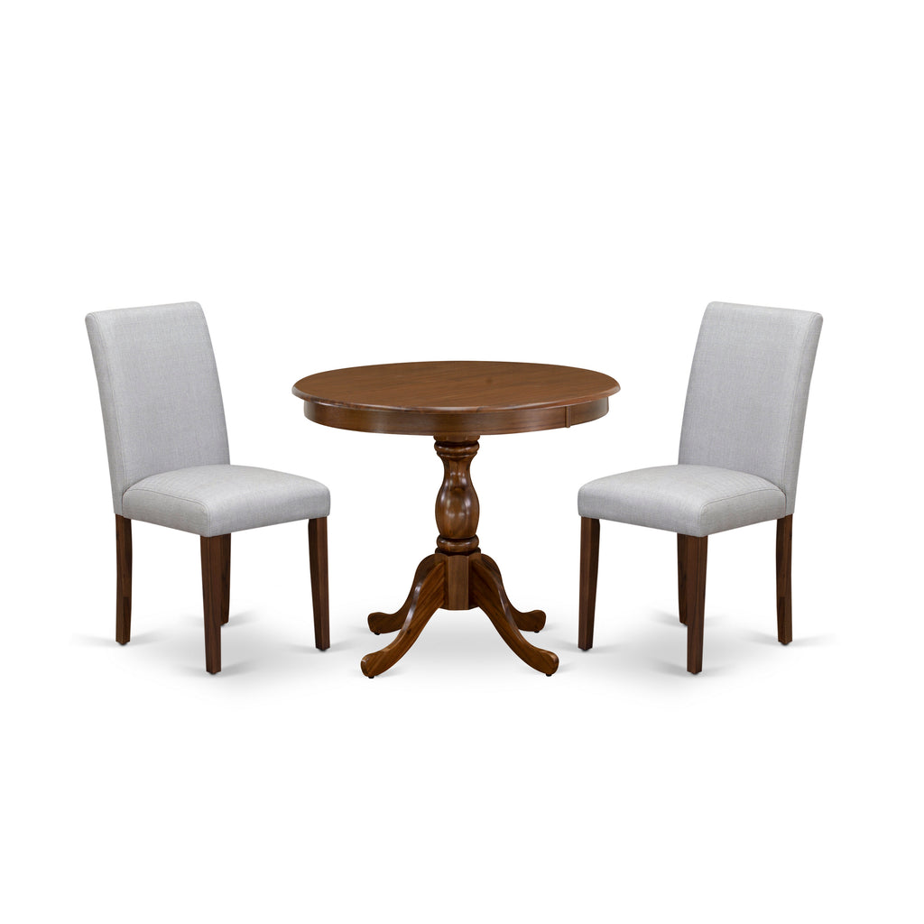 East West Furniture AMAB3-AWA-05 3 Piece Kitchen Table Set for Small Spaces Contains a Round Dining Room Table with Pedestal and 2 Grey Linen Fabric Parsons Chairs, 36x36 Inch, Walnut
