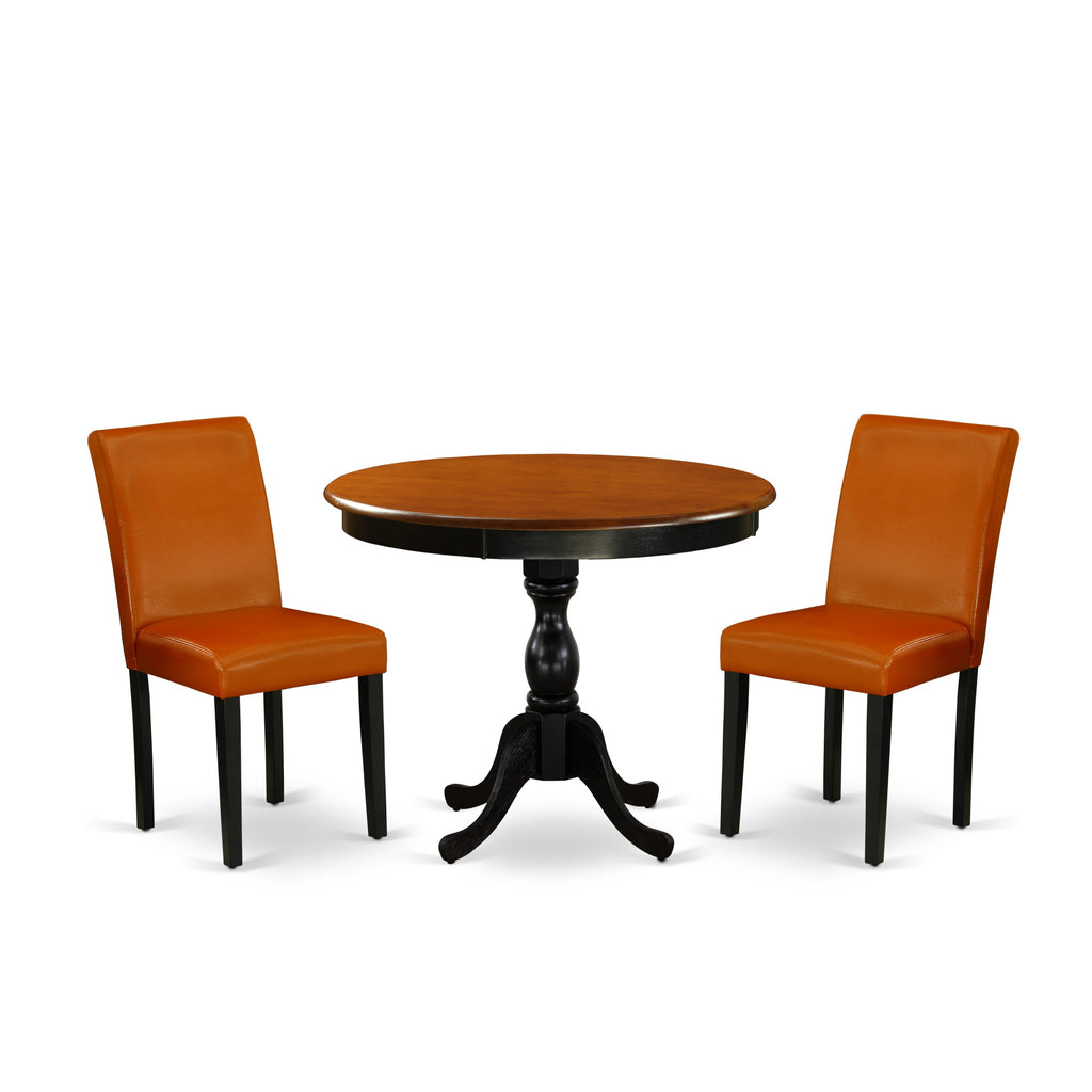 East West Furniture AMAB3-BCH-61 3 Piece Modern Dining Table Set Contains a Round Kitchen Table with Pedestal and 2 Baked Bean Faux Leather Parson Dining Chairs, 36x36 Inch, Black & Cherry