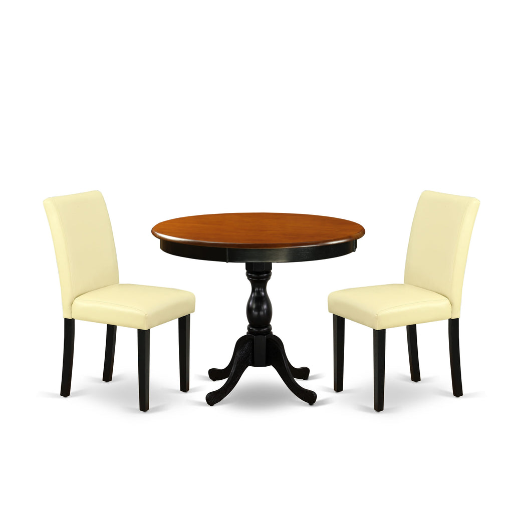 East West Furniture AMAB3-BCH-73 3 Piece Kitchen Table Set Contains a Round Dining Room Table with Pedestal and 2 Eggnog Faux Leather Parson Dining Chairs, 36x36 Inch, Black & Cherry
