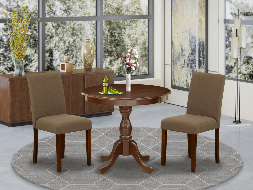 East West Furniture AMAB3-MAH-18 3 Piece Kitchen Table Set for Small Spaces Contains a Round Dining Table with Pedestal and 2 Coffee Linen Fabric Upholstered Chairs, 36x36 Inch, Mahogany