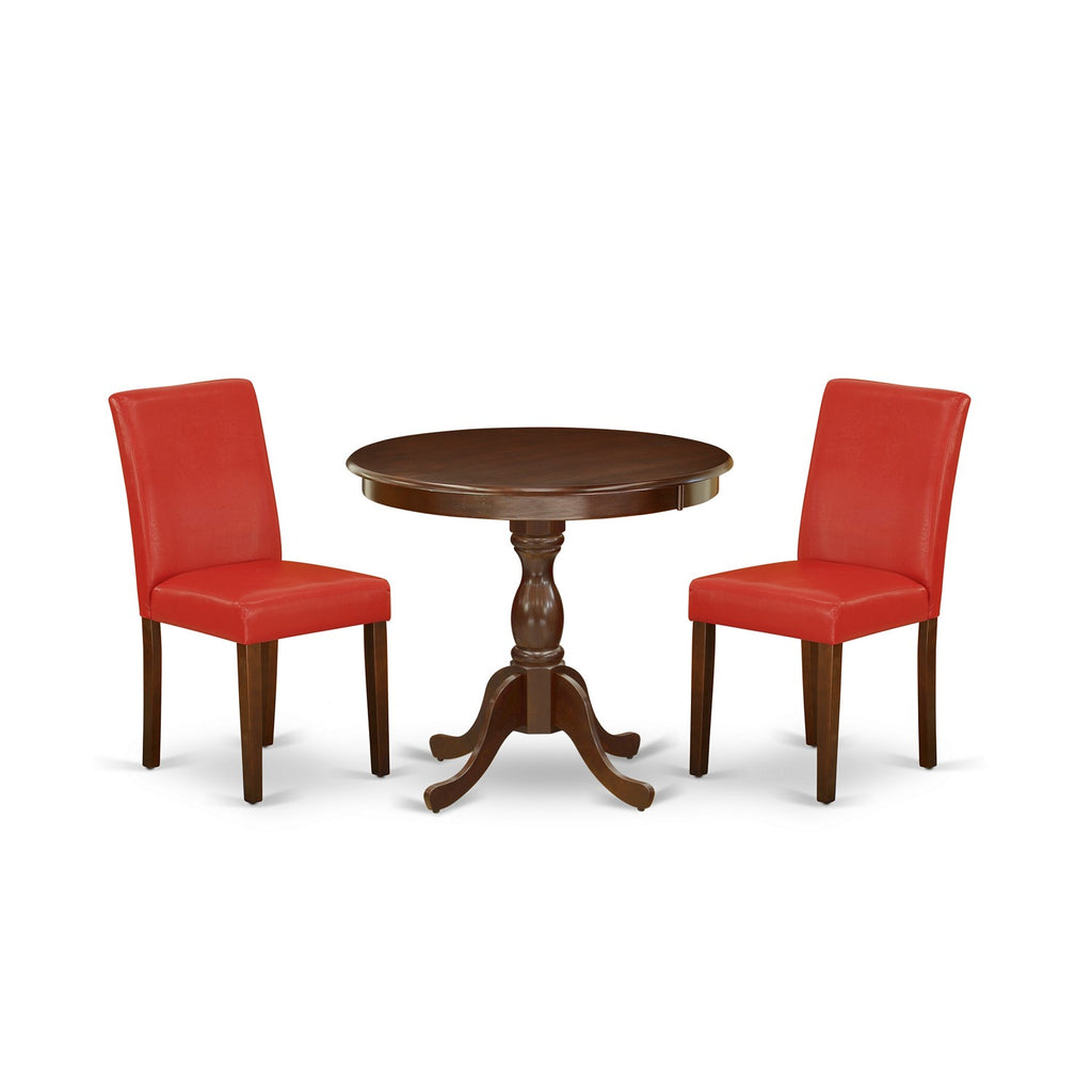 East West Furniture AMAB3-MAH-72 3 Piece Dining Table Set Contains a Round Dining Room Table with Pedestal and 2 Firebrick Red Faux Leather Parsons Dinette Chairs, 36x36 Inch, Mahogany