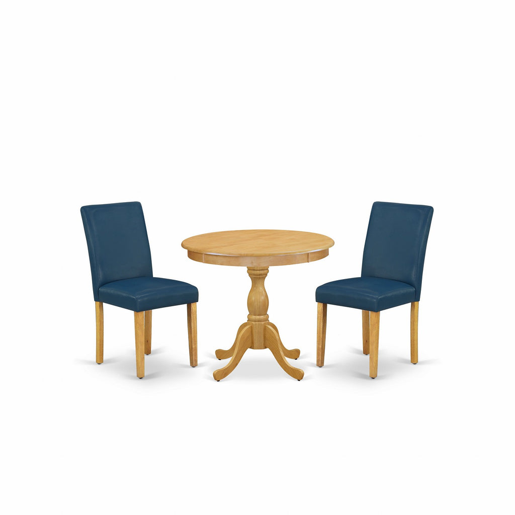 East West Furniture AMAB3-OAK-55 3 Piece Kitchen Table & Chairs Set Contains a Round Dining Room Table with Pedestal and 2 Oasis Blue Faux Leather Parsons Chairs, 36x36 Inch, Oak