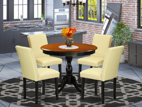 East West Furniture AMAB5-BCH-73 5 Piece Kitchen Table & Chairs Set Includes a Round Dining Room Table with Pedestal and 4 Eggnog Faux Leather Parsons Dinette Chairs, 36x36 Inch, Black & Cherry