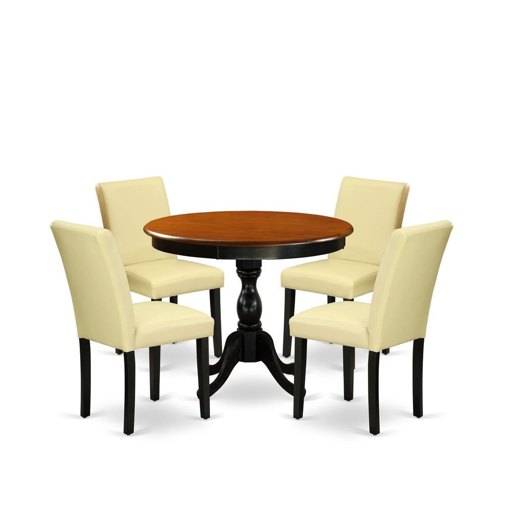 East West Furniture AMAB5-BCH-73 5 Piece Kitchen Table & Chairs Set Includes a Round Dining Room Table with Pedestal and 4 Eggnog Faux Leather Parsons Dinette Chairs, 36x36 Inch, Black & Cherry