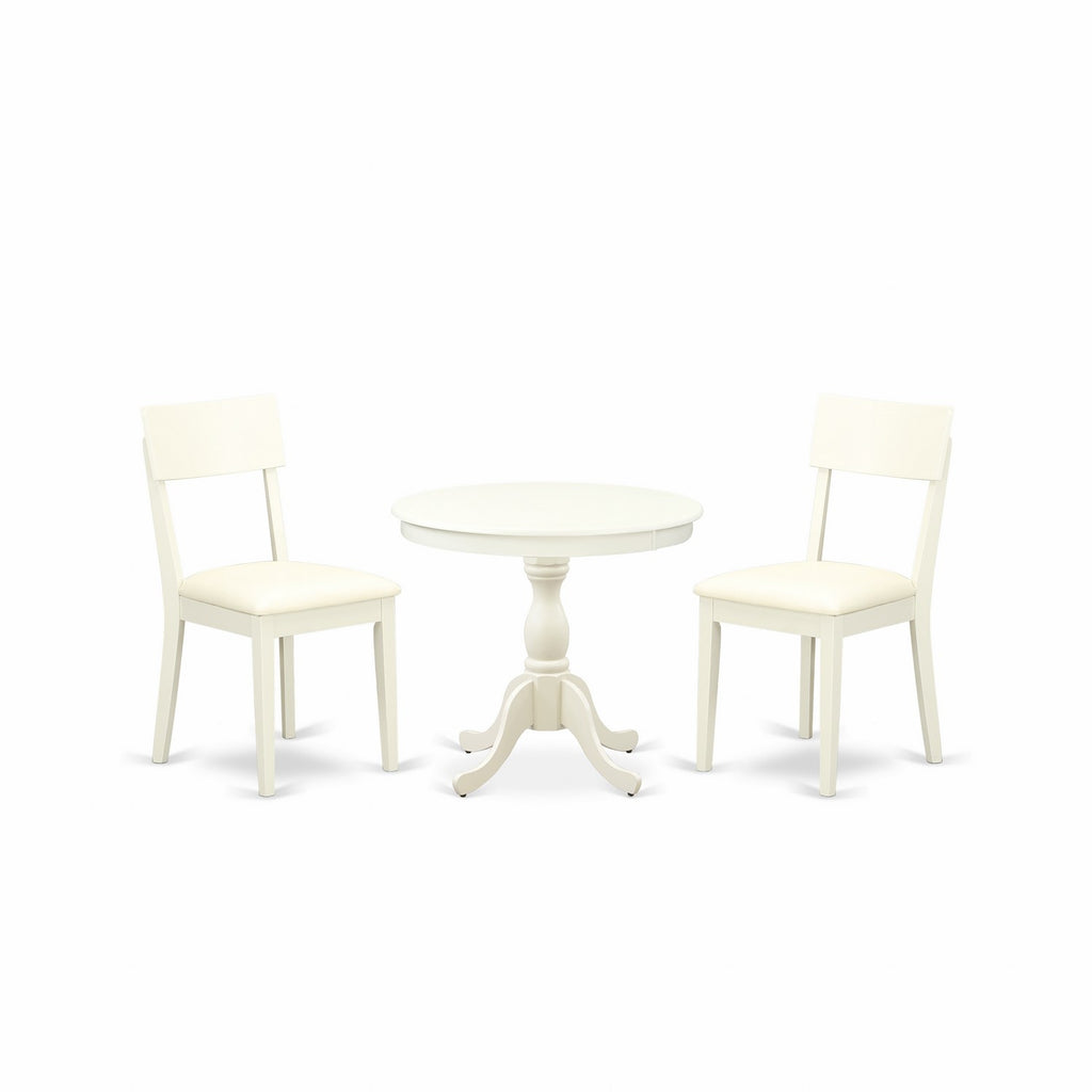 East West Furniture AMAD3-LWH-LC 3 Piece Dining Room Furniture Set Contains a Round Kitchen Table with Pedestal and 2 Faux Leather Upholstered Dining Chairs, 36x36 Inch, Linen White