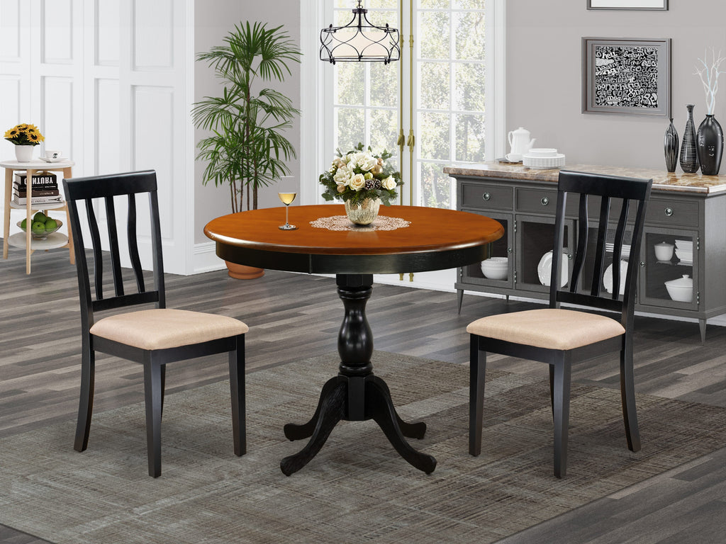 East West Furniture AMAN3-BCH-C 3 Piece Dinette Set for Small Spaces Contains a Round Dining Room Table with Pedestal and 2 Linen Fabric Kitchen Dining Chairs, 36x36 Inch, Black & Cherry