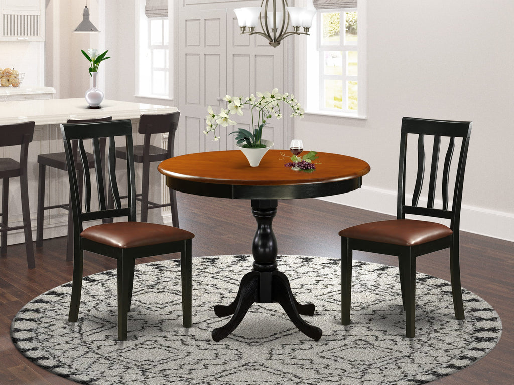 East West Furniture AMAN3-BCH-LC 3 Piece Dining Table Set for Small Spaces Contains a Round Kitchen Table with Pedestal and 2 Faux Leather Upholstered Chairs, 36x36 Inch, Black & Cherry