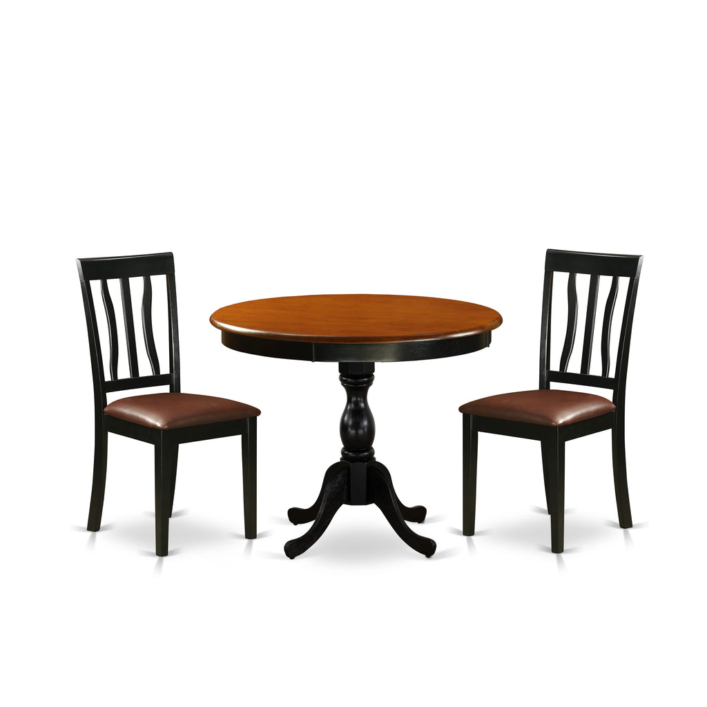 East West Furniture AMAN3-BCH-LC 3 Piece Dining Table Set for Small Spaces Contains a Round Kitchen Table with Pedestal and 2 Faux Leather Upholstered Chairs, 36x36 Inch, Black & Cherry