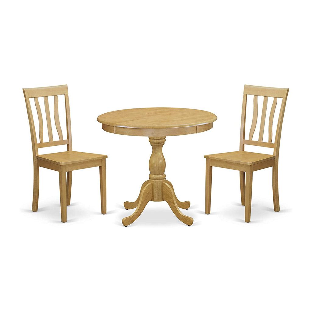 East West Furniture AMAN3-OAK-W 3 Piece Dining Room Furniture Set Contains a Round Dining Table with Pedestal and 2 Wood Seat Chairs, 36x36 Inch, Oak