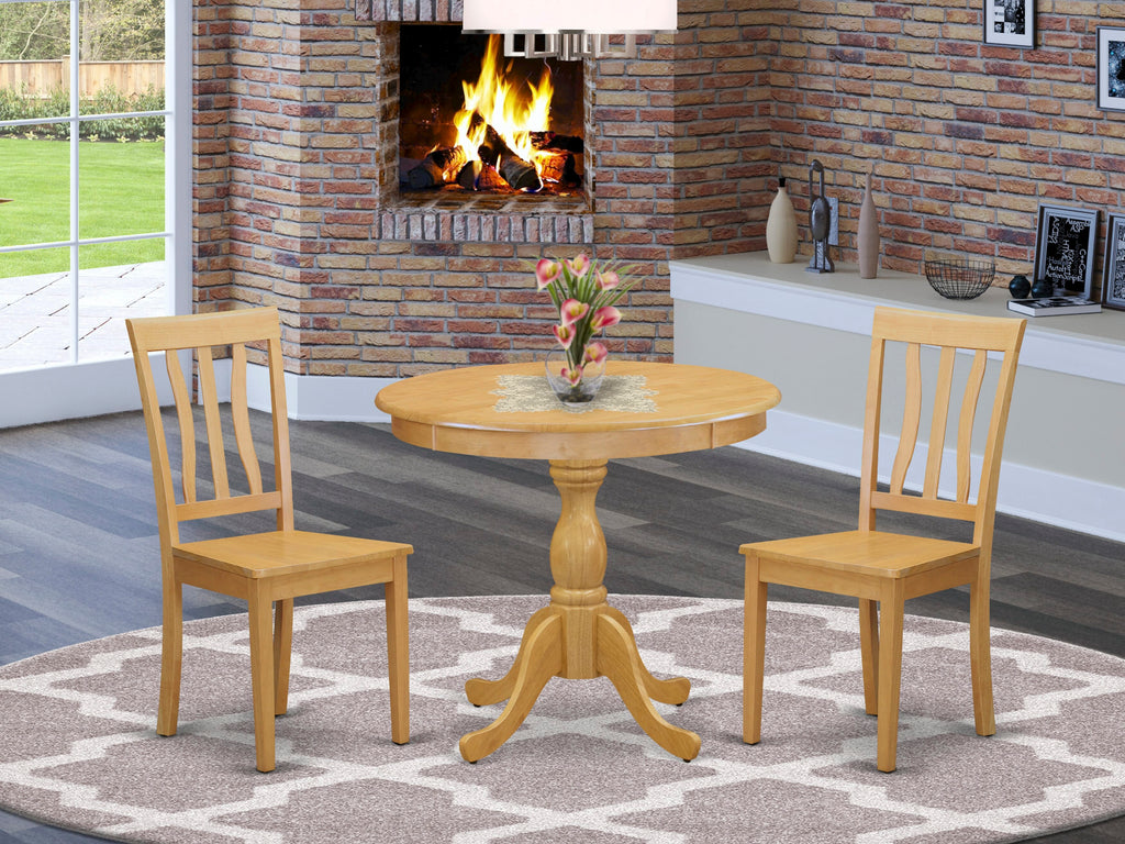 East West Furniture AMAN3-OAK-W 3 Piece Dining Room Furniture Set Contains a Round Dining Table with Pedestal and 2 Wood Seat Chairs, 36x36 Inch, Oak