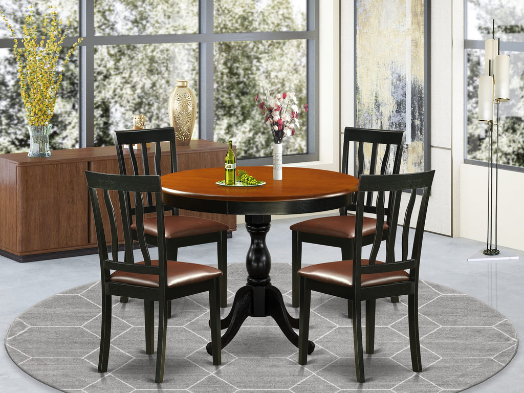 East West Furniture AMAN5-BCH-LC 5 Piece Dining Table Set for 4 Includes a Round Kitchen Table with Pedestal and 4 Faux Leather Kitchen Dining Chairs, 36x36 Inch, Black & Cherry