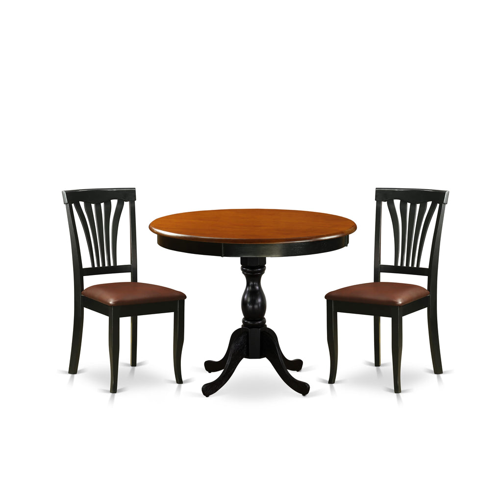 East West Furniture AMAV3-BCH-LC 3 Piece Kitchen Table Set for Small Spaces Contains a Round Dining Table with Pedestal and 2 Faux Leather Dining Room Chairs, 36x36 Inch, Black & Cherry
