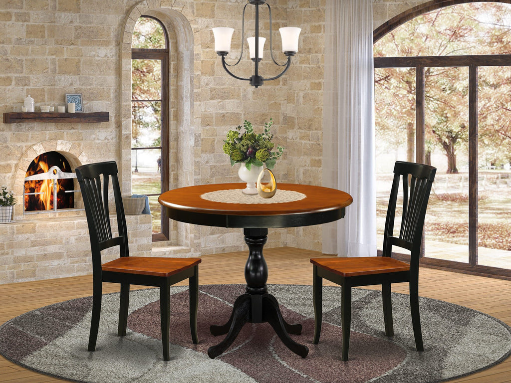 East West Furniture AMAV3-BCH-W 3 Piece Kitchen Table Set for Small Spaces Contains a Round Dining Table with Pedestal and 2 Dining Room Chairs, 36x36 Inch, Black & Cherry