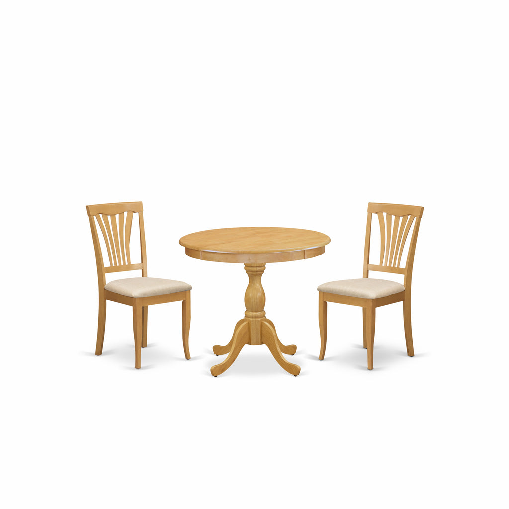 East West Furniture AMAV3-OAK-C 3 Piece Dining Room Furniture Set Contains a Round Dining Table with Pedestal and 2 Linen Fabric Upholstered Chairs, 36x36 Inch, Oak