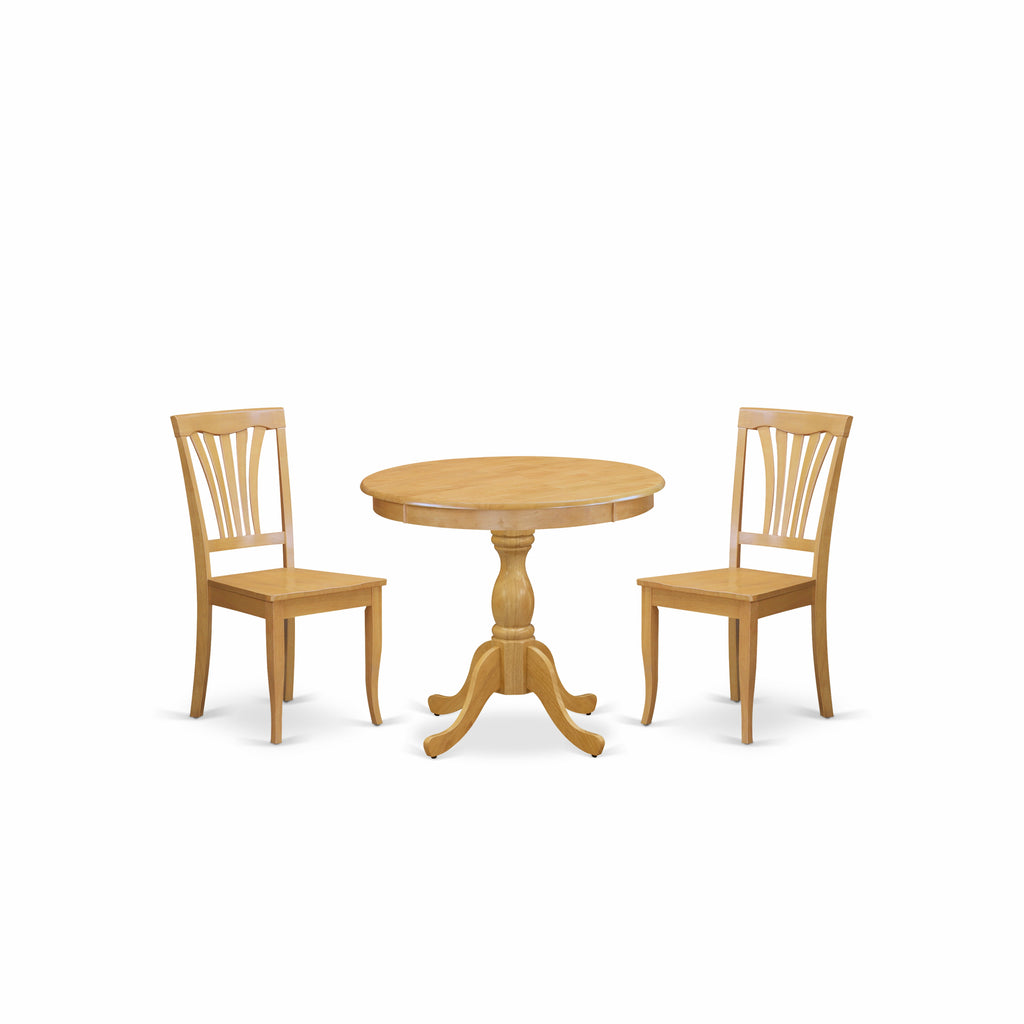 East West Furniture AMAV3-OAK-W 3 Piece Dining Set Contains a Round Kitchen Table with Pedestal and 2 Dining Room Chairs, 36x36 Inch, Oak