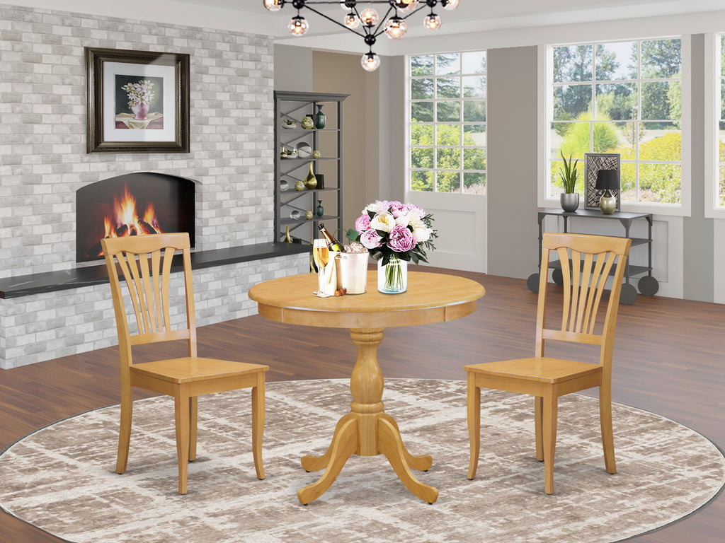 East West Furniture AMAV3-OAK-W 3 Piece Dining Set Contains a Round Kitchen Table with Pedestal and 2 Dining Room Chairs, 36x36 Inch, Oak