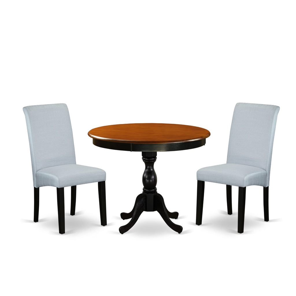 East West Furniture AMBA3-BCH-05 3 Piece Kitchen Table Set for Small Spaces Contains a Round Dining Table with Pedestal and 2 Grey Linen Fabric Parson Chairs, 36x36 Inch, Black & Cherry