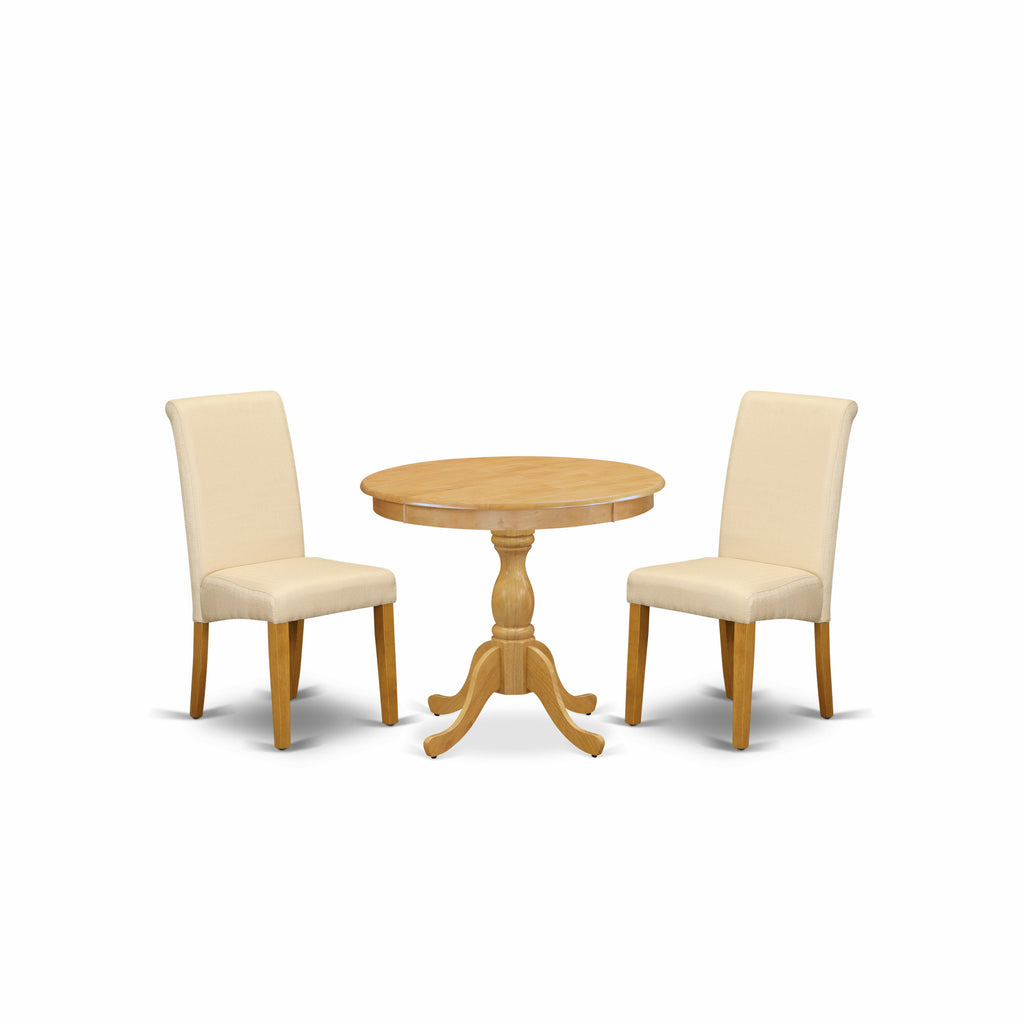 East West Furniture AMBA3-OAK-02 3 Piece Dining Room Table Set Contains a Round Kitchen Table with Pedestal and 2 Light Beige Linen Fabric Parson Dining Chairs, 36x36 Inch, Oak
