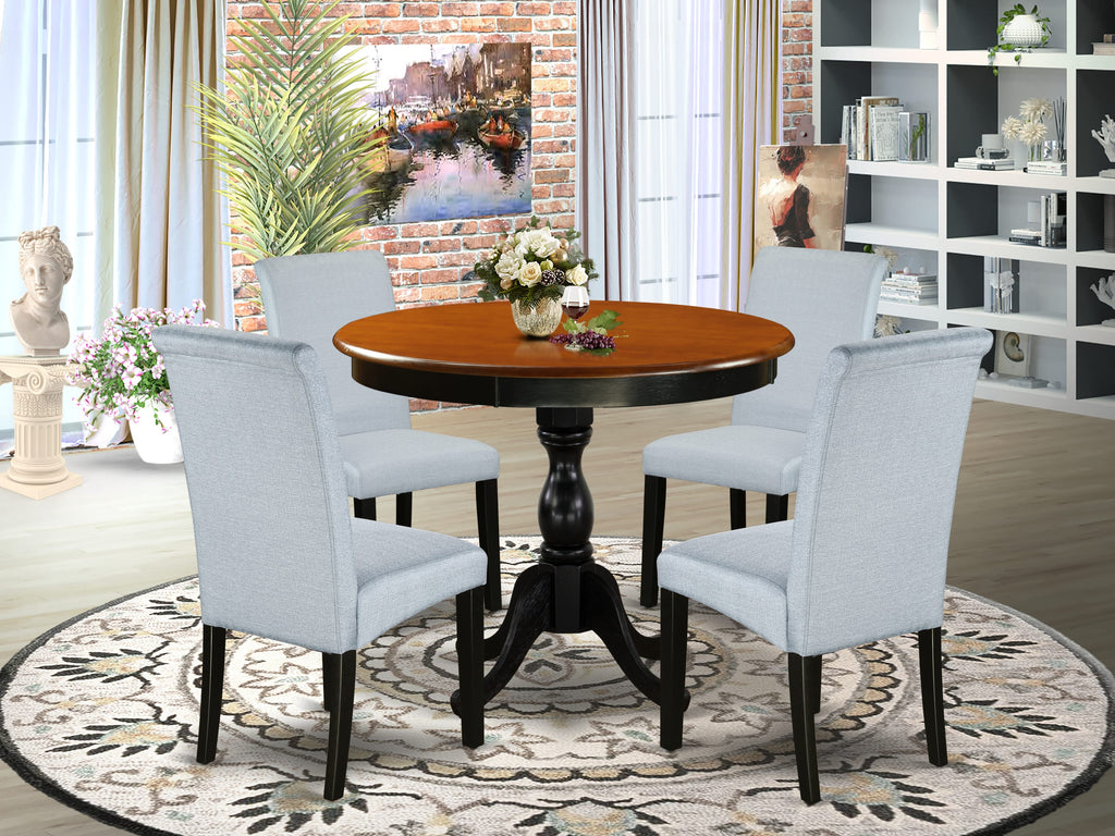 East West Furniture AMBA5-BCH-05 5 Piece Modern Dining Table Set Includes a Round Kitchen Table with Pedestal and 4 Grey Linen Fabric Parson Dining Chairs, 36x36 Inch, Black & Cherry