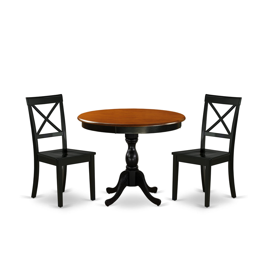 East West Furniture AMBO3-BCH-W 3 Piece Kitchen Table & Chairs Set Contains a Round Dining Room Table with Pedestal and 2 Solid Wood Seat Chairs, 36x36 Inch, Black & Cherry