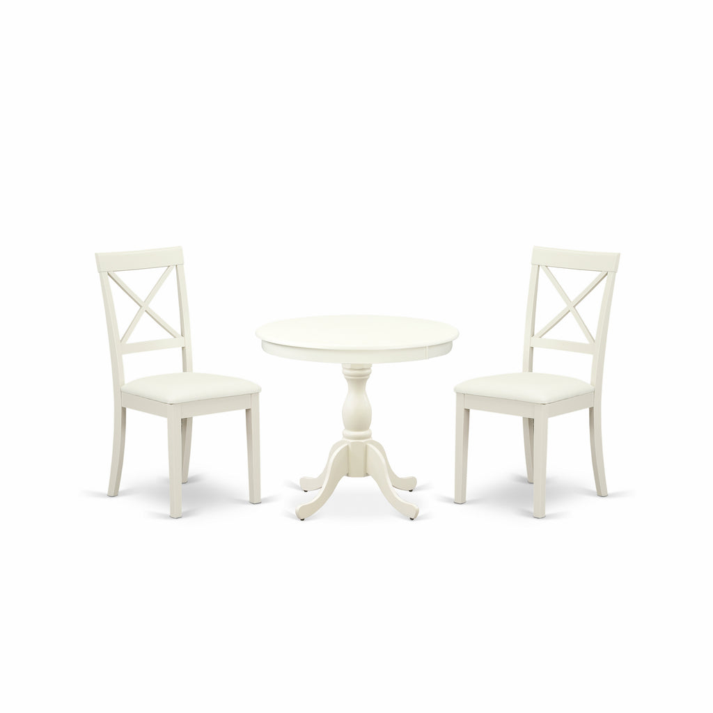 East West Furniture AMBO3-LWH-C 3 Piece Modern Dining Table Set Contains a Round Kitchen Table with Pedestal and 2 Linen Fabric Upholstered Dining Chairs, 36x36 Inch, Linen White