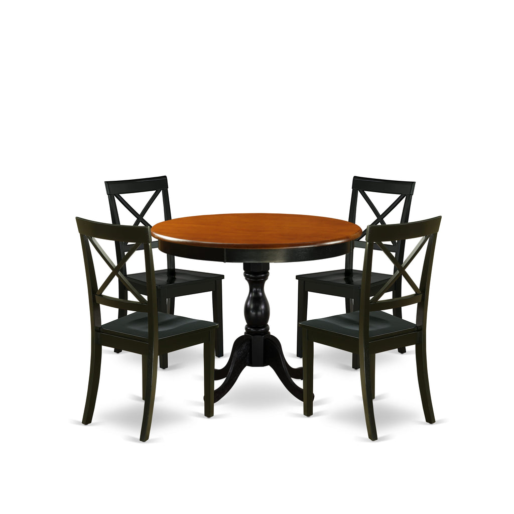 East West Furniture AMBO5-BCH-W 5 Piece Kitchen Table Set for 4 Includes a Round Dining Room Table with Pedestal and 4 Solid Wood Seat Chairs, 36x36 Inch, Black & Cherry