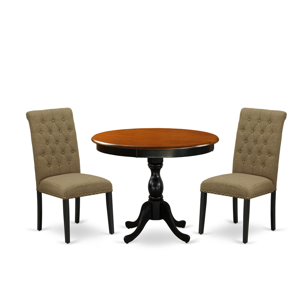 East West Furniture AMBR3-BCH-17 3 Piece Dining Table Set Contains a Round Kitchen Table with Pedestal and 2 Light Sable Linen Fabric Upholstered Kitchen Chairs, 36x36 Inch, Black & Cherry