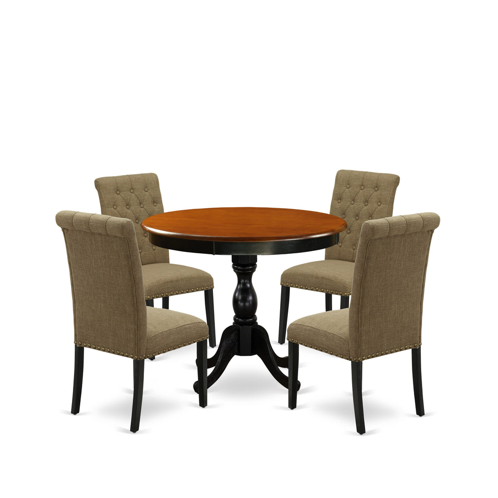 East West Furniture AMBR5-BCH-17 5 Piece Dining Table Set for 4 Includes a Round Kitchen Table with Pedestal and 4 Light Sable Linen Fabric Upholstered Chairs, 36x36 Inch, Black & Cherry