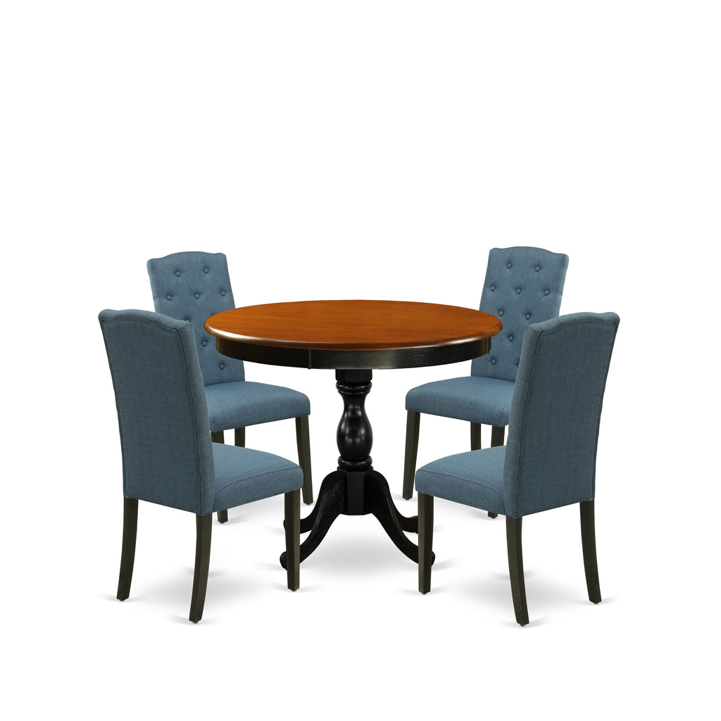 East West Furniture AMCE5-BCH-21 5 Piece Kitchen Table Set Includes a Round Dining Table with Pedestal and 4 Mineral Blue Linen Fabric Parson Dining Room Chairs, 36x36 Inch, Black & Cherry