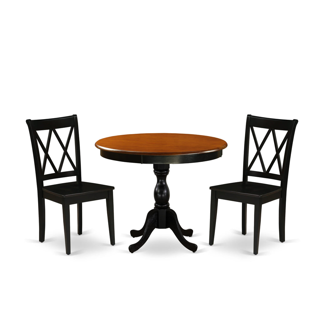 East West Furniture AMCL3-BCH-W 3 Piece Dining Room Table Set Contains a Round Kitchen Table with Pedestal and 2 Dining Chairs, 36x36 Inch, Black & Cherry