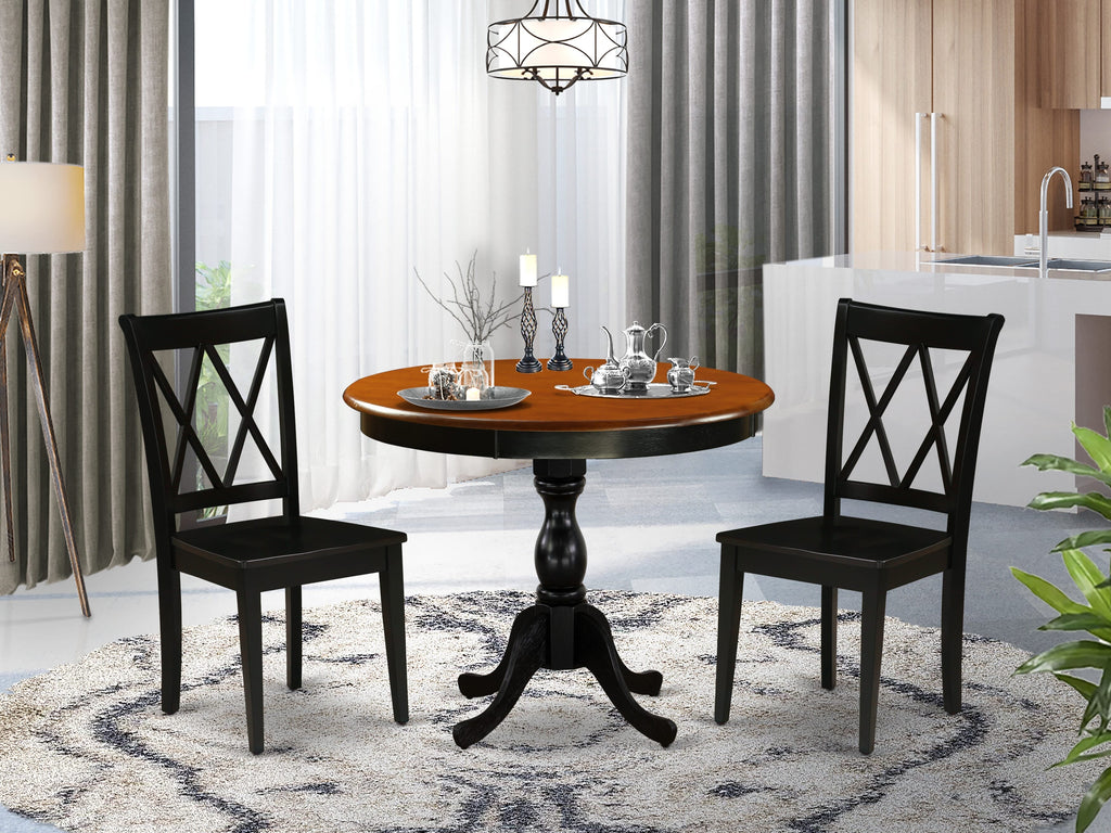 East West Furniture AMCL3-BCH-W 3 Piece Dining Room Table Set Contains a Round Kitchen Table with Pedestal and 2 Dining Chairs, 36x36 Inch, Black & Cherry