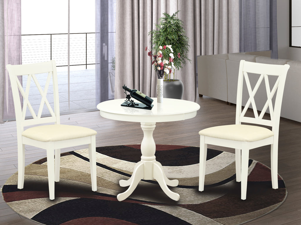East West Furniture AMCL3-LWH-C 3 Piece Kitchen Table & Chairs Set Contains a Round Dining Room Table with Pedestal and 2 Linen Fabric Dining Room Chairs, 36x36 Inch, Linen White