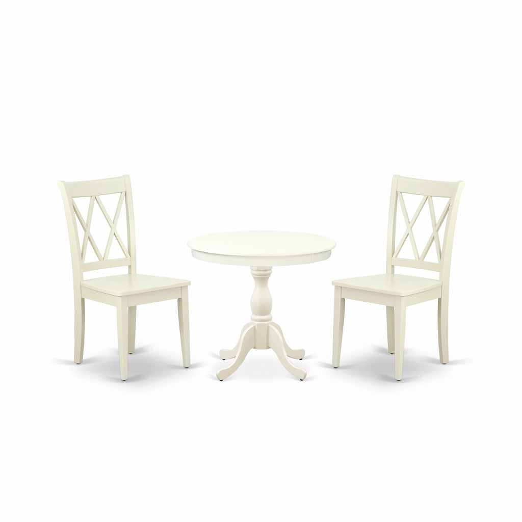 East West Furniture AMCL3-LWH-W 3 Piece Dining Room Table Set Contains a Round Kitchen Table with Pedestal and 2 Dining Chairs, 36x36 Inch, Linen White