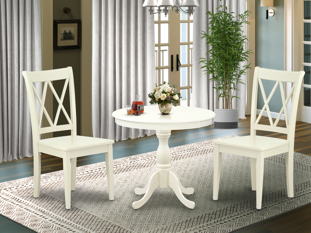 East West Furniture AMCL3-LWH-W 3 Piece Dining Room Table Set Contains a Round Kitchen Table with Pedestal and 2 Dining Chairs, 36x36 Inch, Linen White