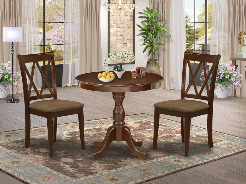 East West Furniture AMCL3-MAH-C 3 Piece Dining Room Furniture Set Contains a Round Dining Table with Pedestal and 2 Linen Fabric Upholstered Chairs, 36x36 Inch, Mahogany