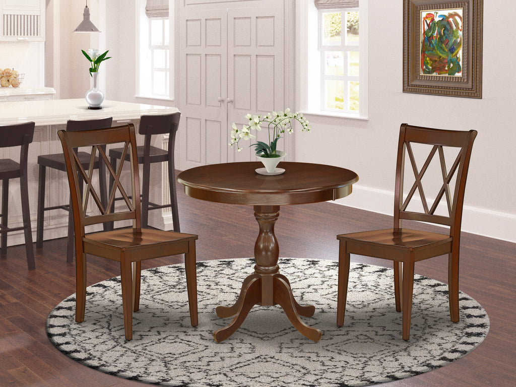 East West Furniture AMCL3-MAH-W 3 Piece Dining Room Table Set Contains a Round Wooden Table with Pedestal and 2 Kitchen Dining Chairs, 36x36 Inch, Mahogany