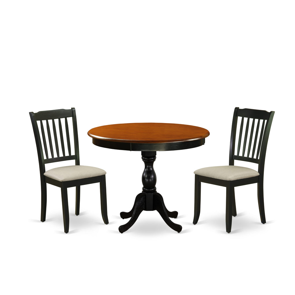 East West Furniture AMDA3-BCH-C 3 Piece Kitchen Table Set for Small Spaces Contains a Round Dining Room Table with Pedestal and 2 Linen Fabric Upholstered Chairs, 36x36 Inch, Black & Cherry