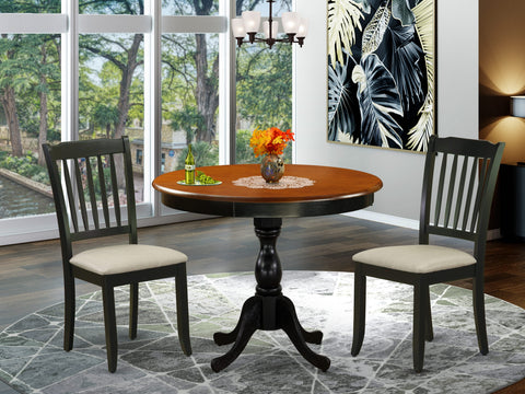 East West Furniture AMDA3-BCH-C 3 Piece Kitchen Table Set for Small Spaces Contains a Round Dining Room Table with Pedestal and 2 Linen Fabric Upholstered Chairs, 36x36 Inch, Black & Cherry
