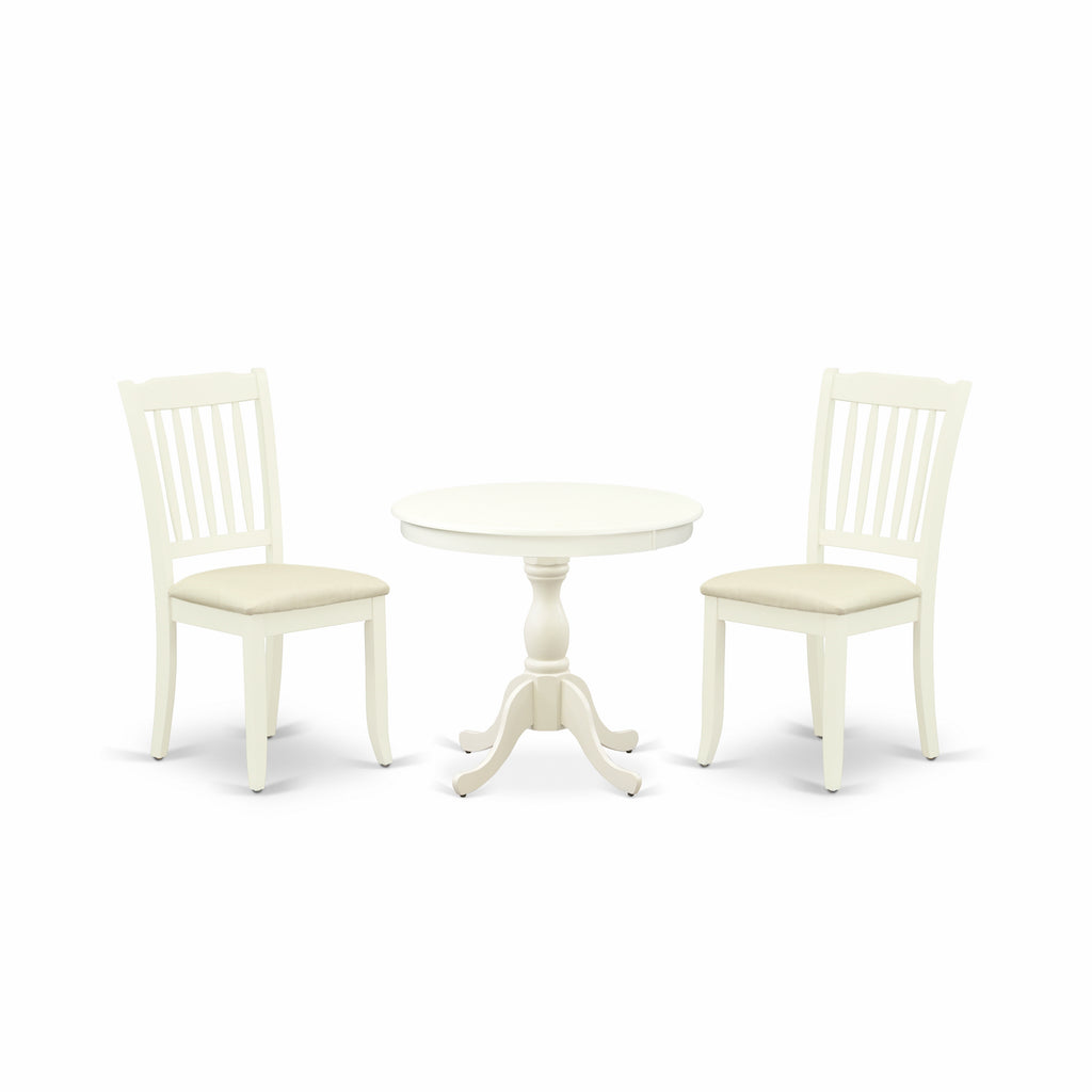 East West Furniture AMDA3-LWH-C 3 Piece Dining Table Set for Small Spaces Contains a Round Kitchen Table with Pedestal and 2 Linen Fabric Upholstered Chairs, 36x36 Inch, Linen White