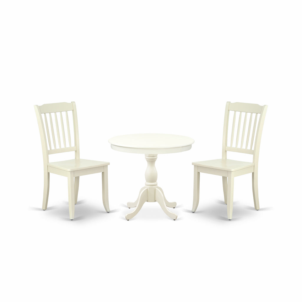 East West Furniture AMDA3-LWH-W 3 Piece Dinette Set for Small Spaces Contains a Round Kitchen Table with Pedestal and 2 Dining Chairs, 36x36 Inch, Linen White